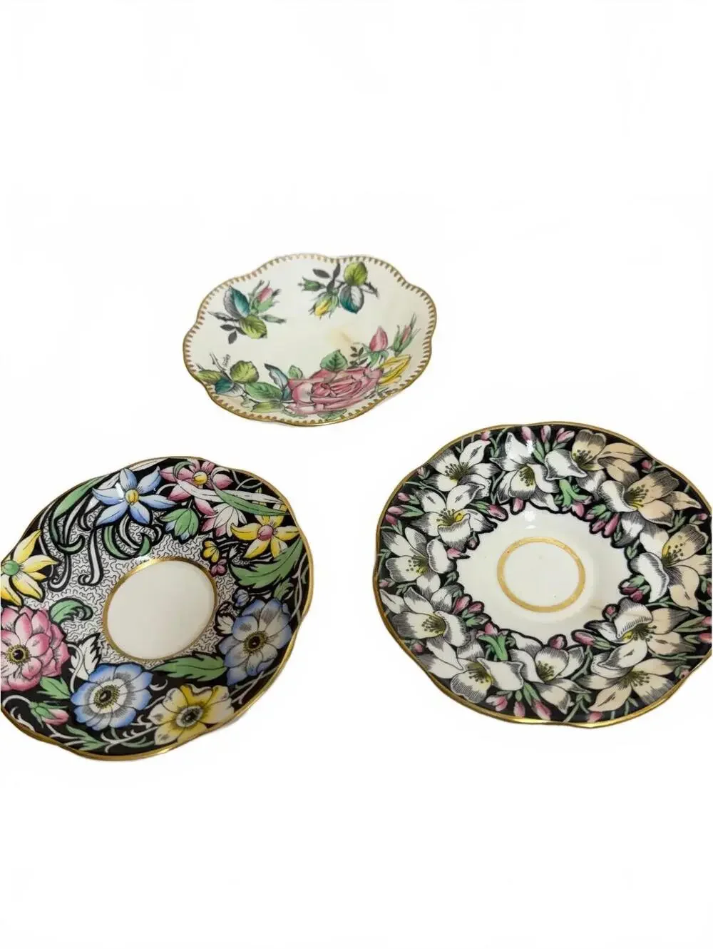 Vintage Rosina English Bone China Floral Saucers & A. Bentley Rose Dish Lot of 3